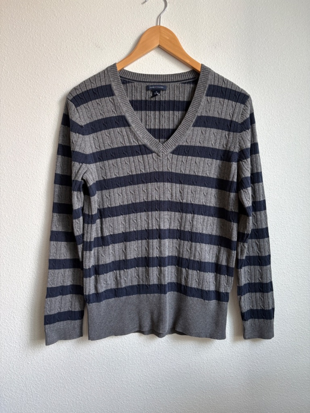 Tommy Hilfiger academia Grey Navy Striped Cable Knit V-Neck Cotton Sweater XL